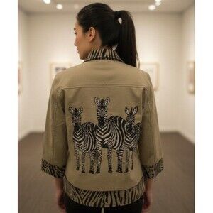 Faith by Celia Forrester Jacket Vintage Khaki Zebra Print Beaded Size S